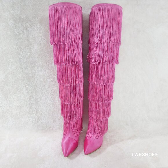 Gogo Fringed Thread Tassle OTK Thigh High Pink Satin High Heel Boots - Picture 2 of 14